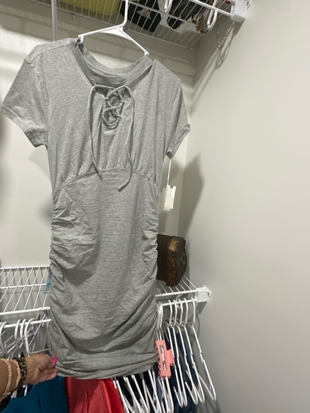 Heather Gray Lace-Up Ruched Short Sleeve Dress